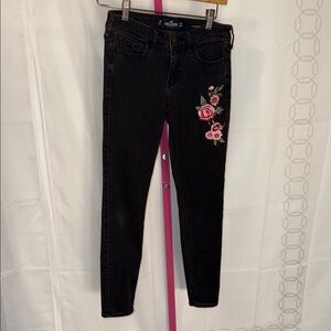 Hollister Black Jeans with Pink Floral Embroidery